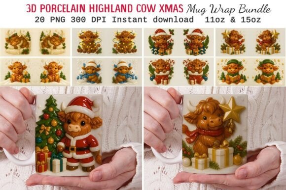 3D Porcelain Highland Cow Xmas Mug Wraps Bundle Review