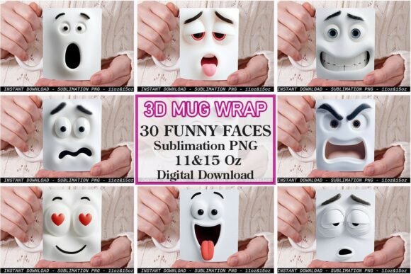 Funny Expression Faces 3D Mug Wrap PNG Bundle Review